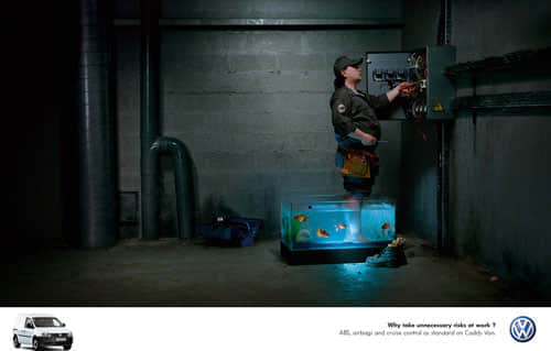 Why take unnecessary risks at work? ABS, airbags and cruise control as standard on Caddy Van Print Advertisement