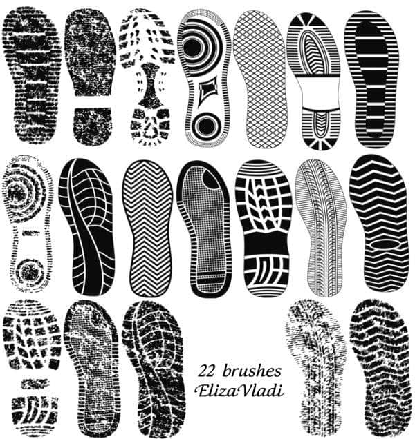 22种各式各样的脚印、鞋印、鞋底痕迹PS笔刷