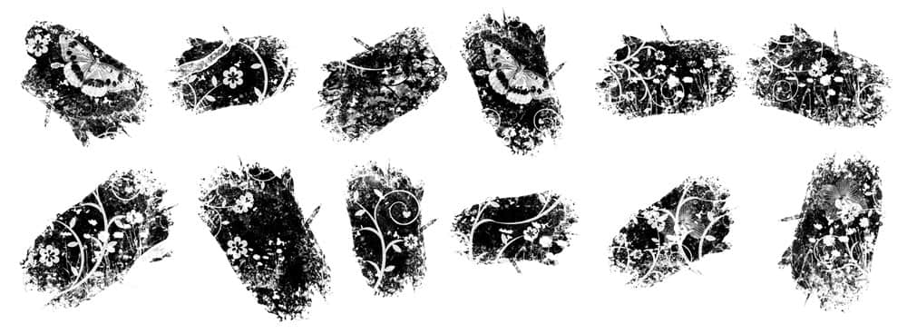 12种版刻式植物花纹印刷效果PS笔刷