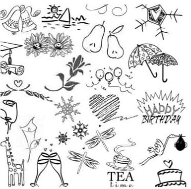 卡通涂鸦铃铛、梨子、雨伞、蛋糕、咖啡、长颈鹿、酒杯等笔刷