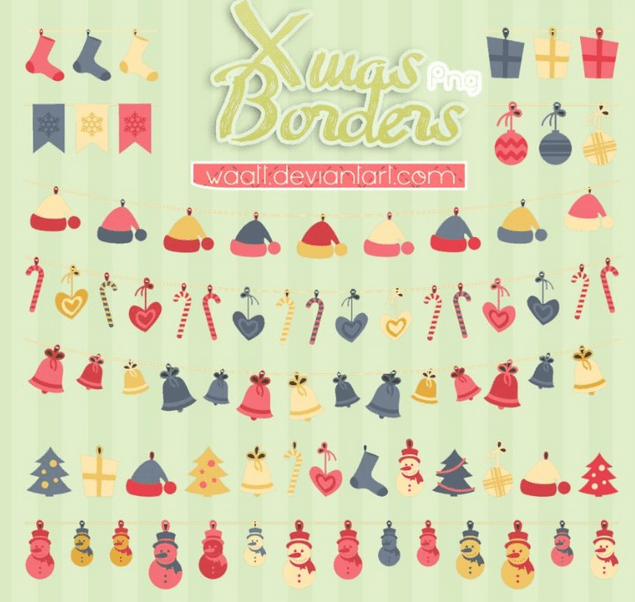 可爱圣诞节卡通帽子、拐杖、彩灯、铃铛、雪人等装饰PS笔刷