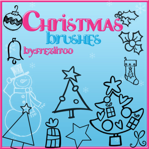 可爱的圣诞节手绘涂鸦圣诞树、雪人、铃铛、彩球等圣诞节装饰品PS笔刷素材下载