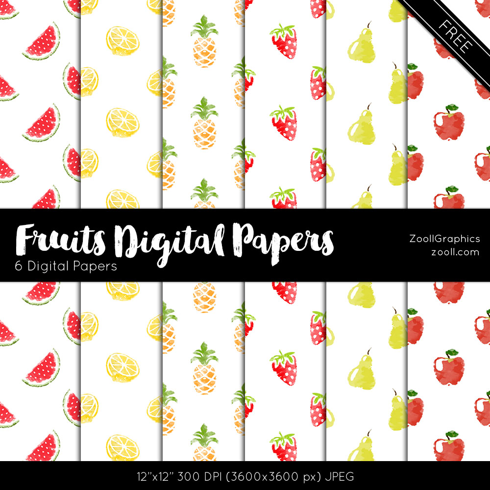 可爱的水彩水果背景、西瓜、柠檬、菠萝、草莓、梨、苹果Photoshop填充素材（JPG图片格式）