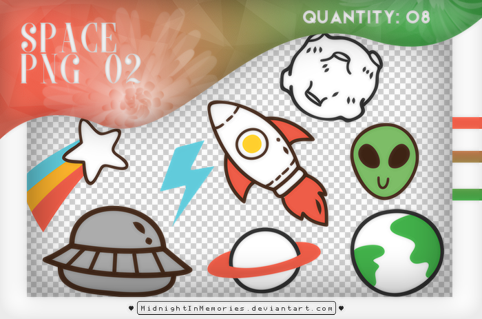 8种可爱卡通火星人太空元素、飞船、火箭、月球、地球等韩国笔刷风格下载（PNG免扣图透明格式）