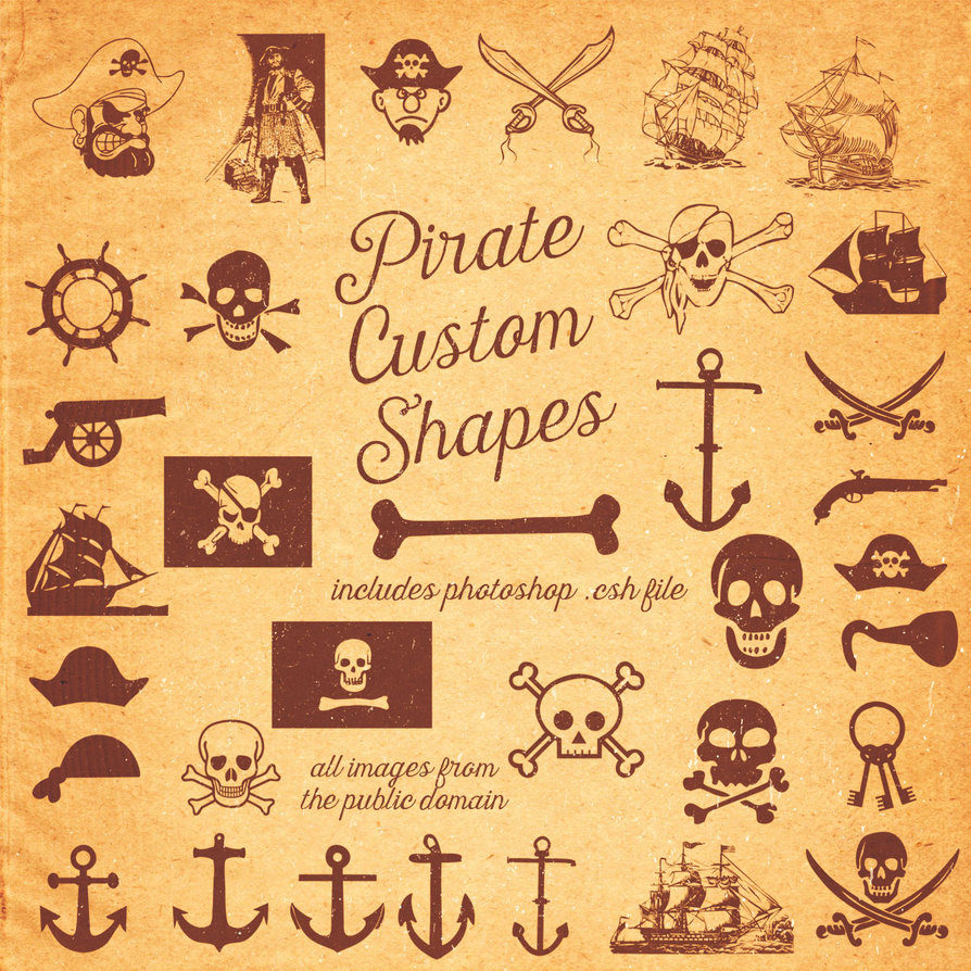 海盗元素图案、骷髅头、海盗船、船锚、海盗徽章等PS自定义形状素材.csh下载