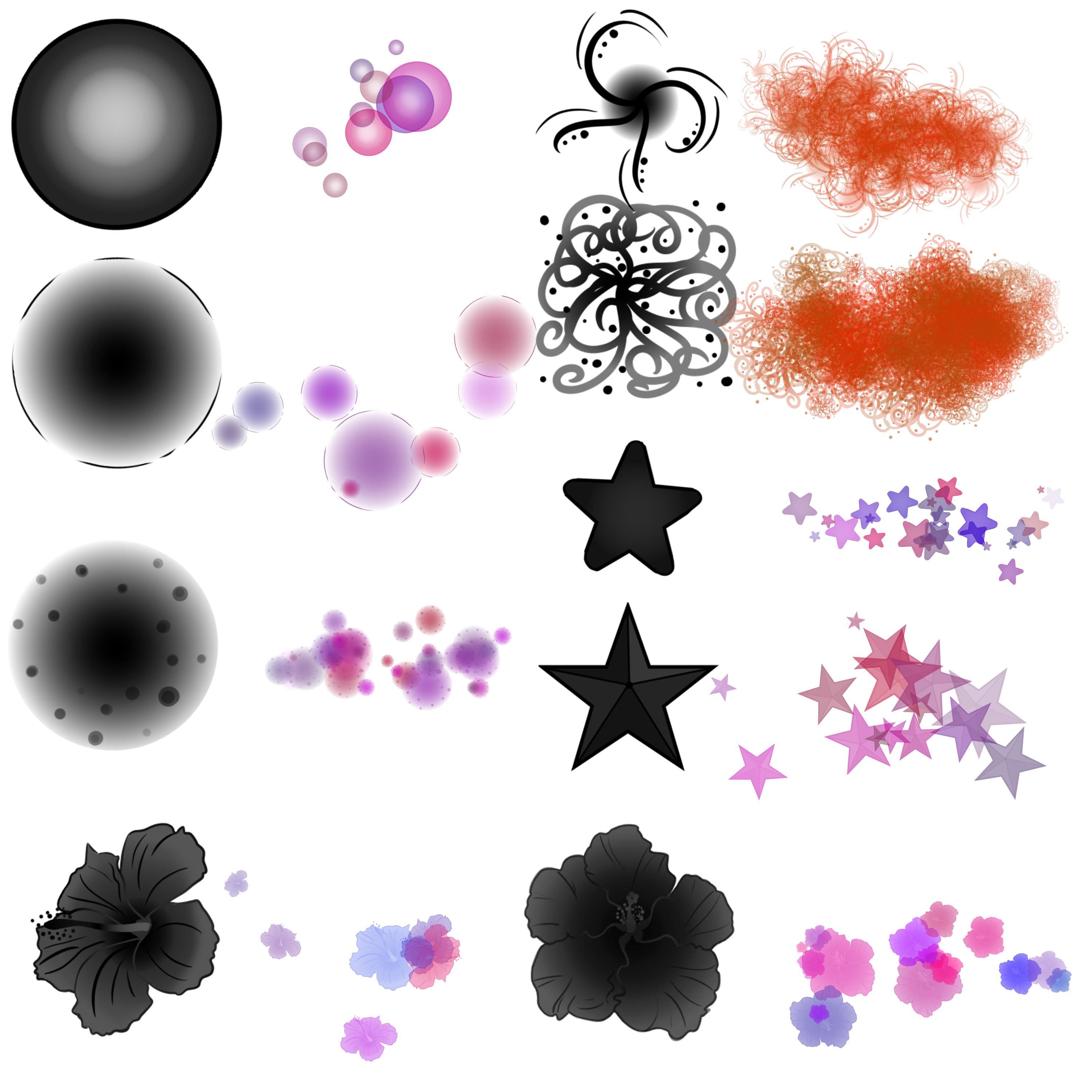 半透明泡泡、艺术花朵、星星图案、鲜花花朵PS笔刷素材（PNG透明图片格式）