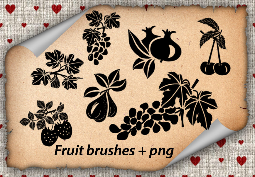 葡萄花纹、草莓剪影图案、樱桃矢量图形PS剪贴画笔刷