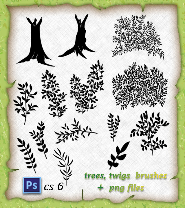 手绘树叶、树枝图案、大树、树荫PS笔刷下载