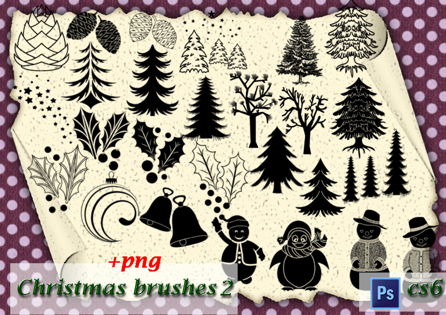 圣诞节圣诞树、坚果、圣诞夜叶子、铃铛等装饰物品PS笔刷下载