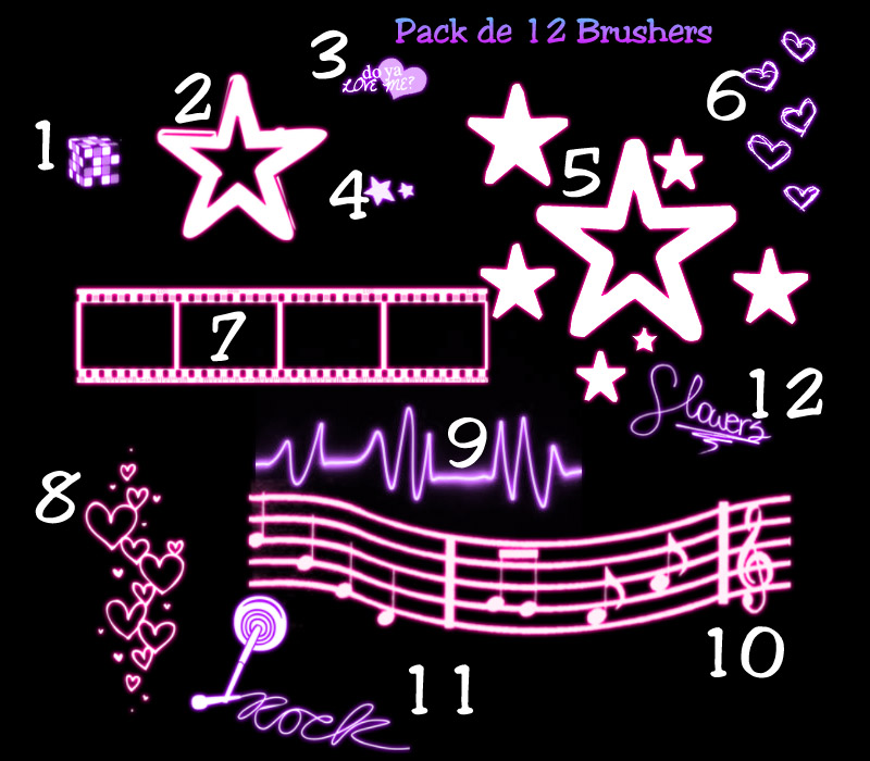 荧光手绘五角星、魔方、爱心、星星、胶卷、五线乐谱、心跳图等PS笔刷下载